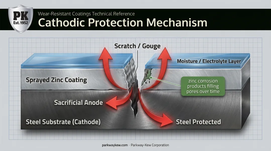 Zinc sacrificial anode galvanic protection mechanism diagram on steel substrate