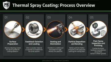 5-step thermal spray metalizing process flow from surface preparation to finishing