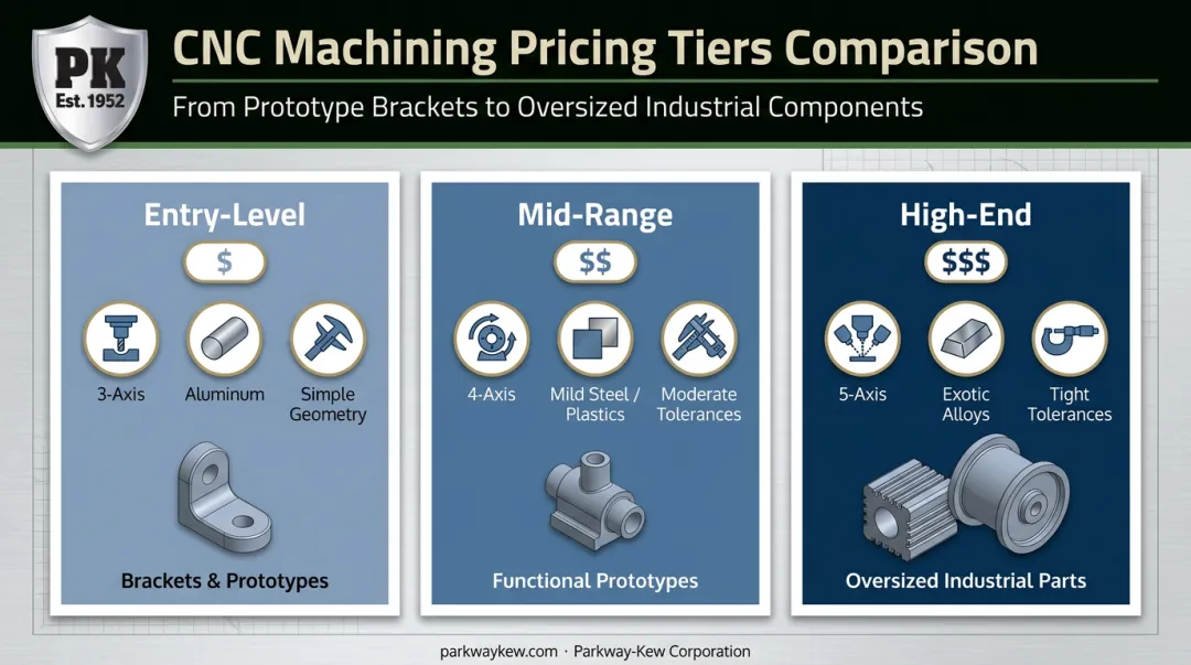 CNC machining pricing tiers comparison chart from entry-level to high-end