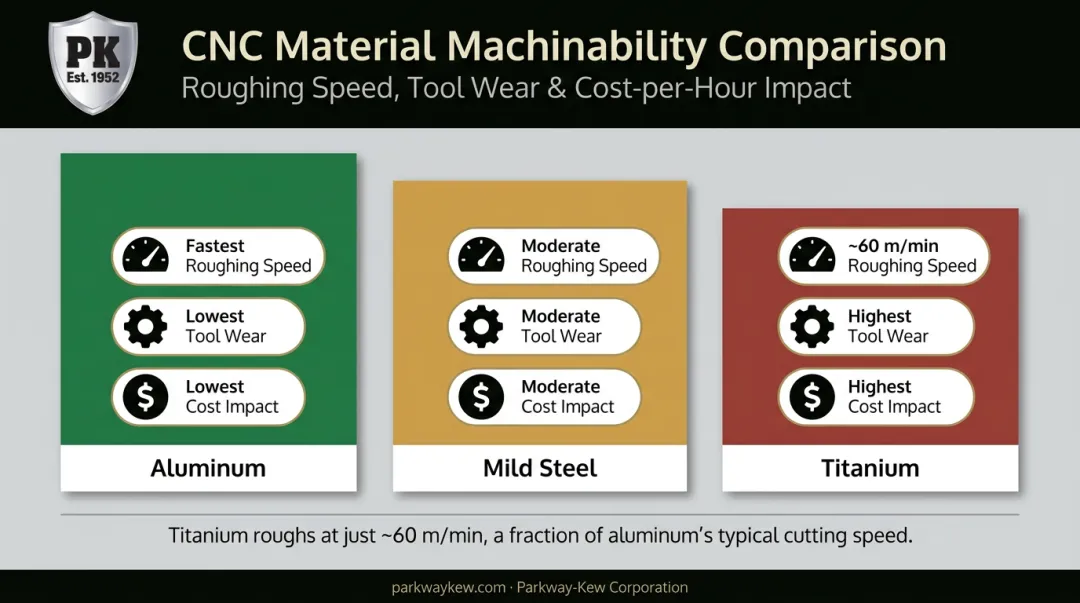 Aluminum versus titanium machining speed and cost comparison infographic