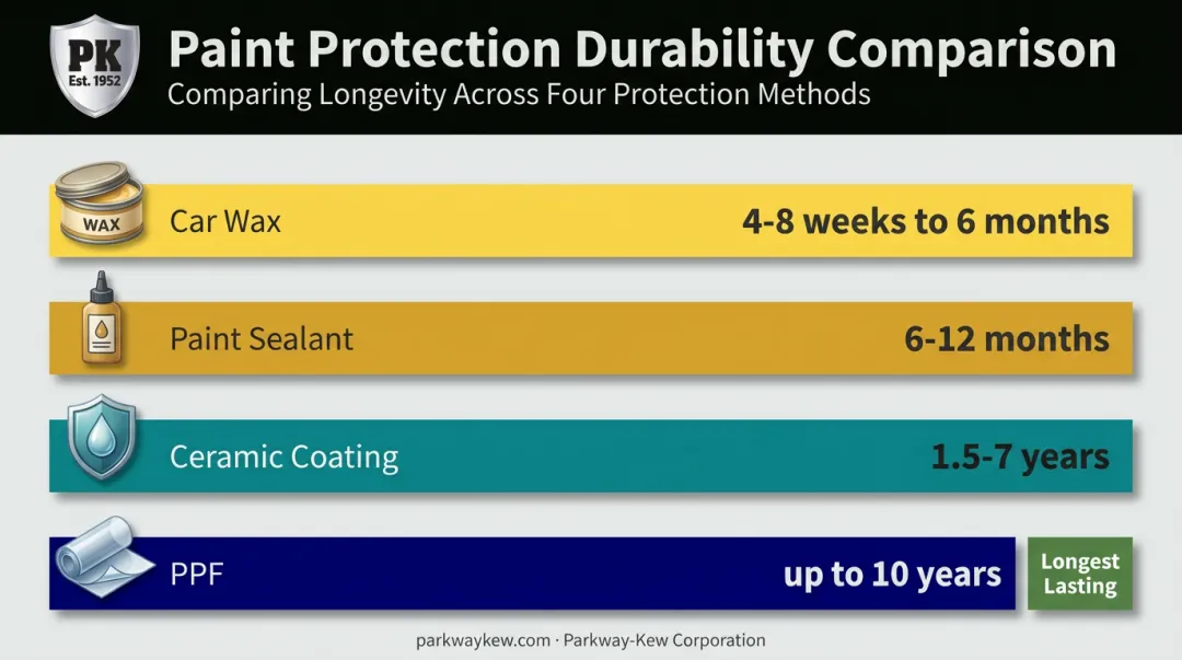 Paint protection durability timeline comparing wax sealant ceramic coating and PPF