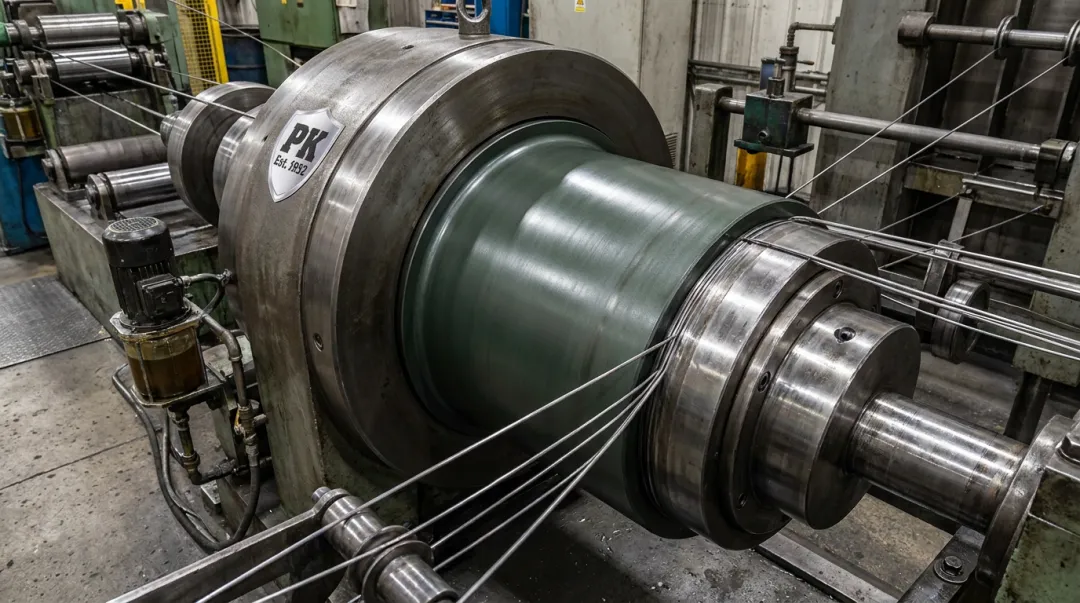 Wire mill capstan with plasma-sprayed chrome oxide ceramic coating installed