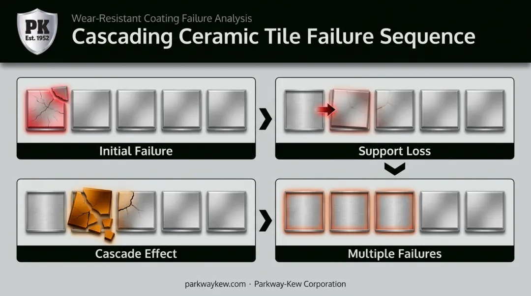 Chain-reaction ceramic tile failure diagram showing cascading insert damage pattern