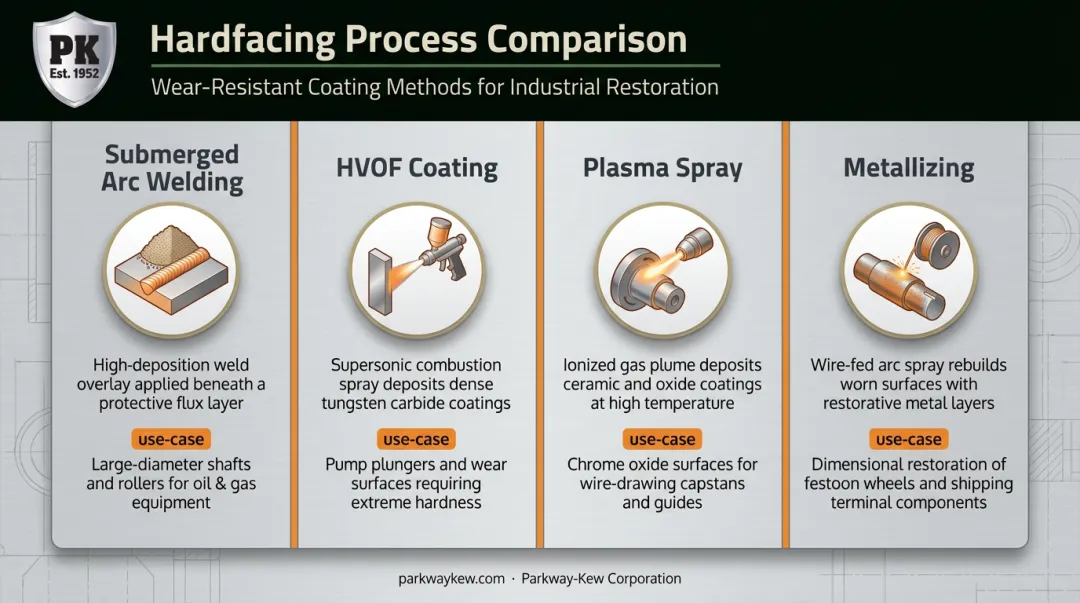 Four industrial hardfacing processes comparison SAW HVOF plasma spray metallizing