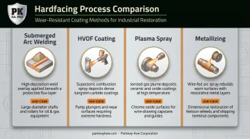 Four industrial hardfacing processes comparison SAW HVOF plasma spray metallizing