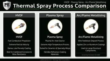 Three thermal spray coating processes HVOF plasma spray and arc metallizing compared