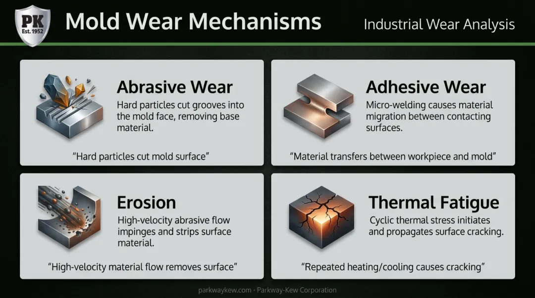 Four mold wear mechanisms abrasion erosion adhesion and thermal fatigue explained