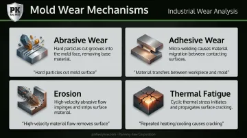 Four mold wear mechanisms abrasion erosion adhesion and thermal fatigue explained
