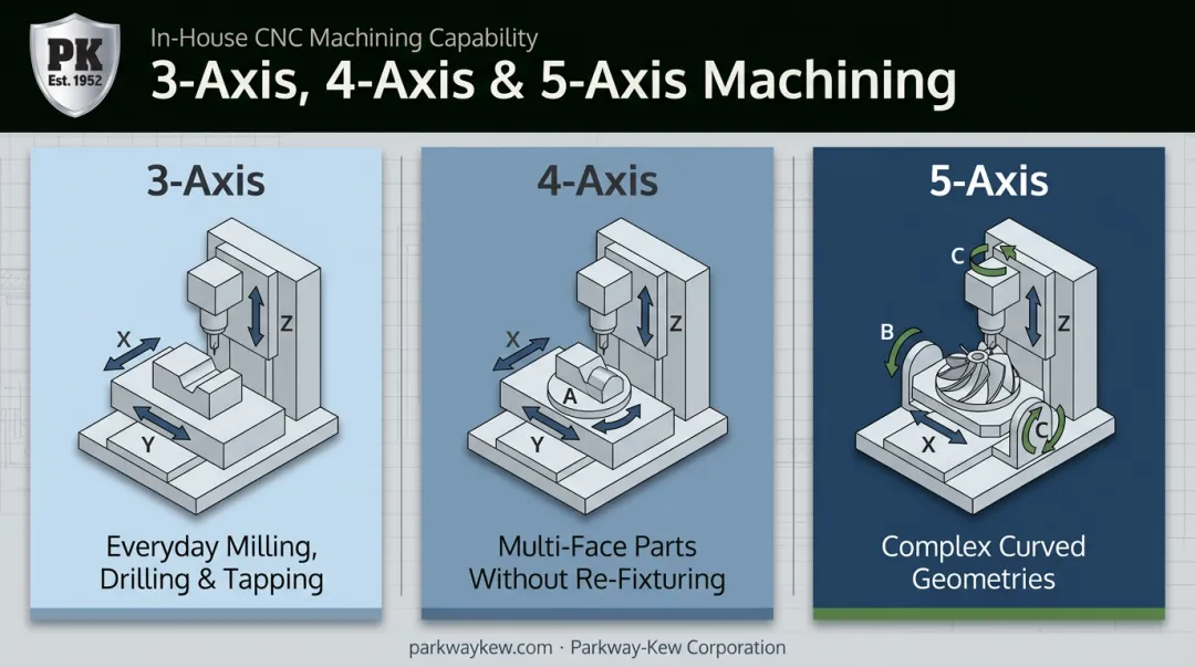 3-axis 4-axis and 5-axis VMC configuration comparison infographic