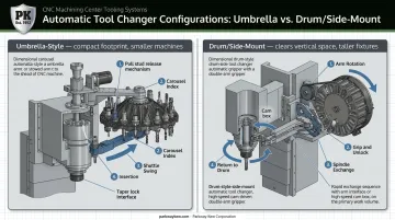 Umbrella versus drum-style automatic tool changer configuration comparison diagram