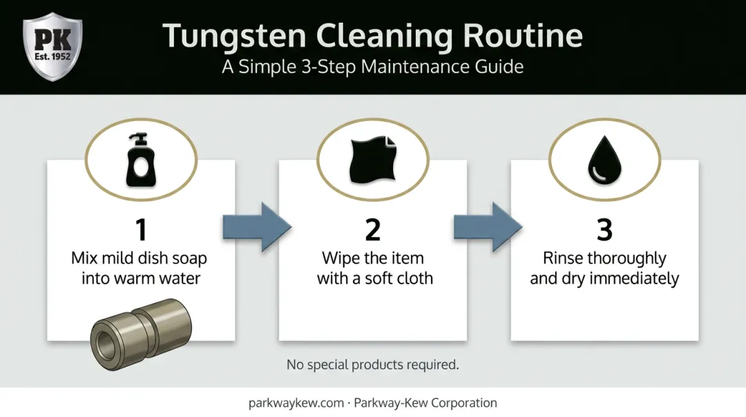 Three-step tungsten ring cleaning process using soap water and soft cloth