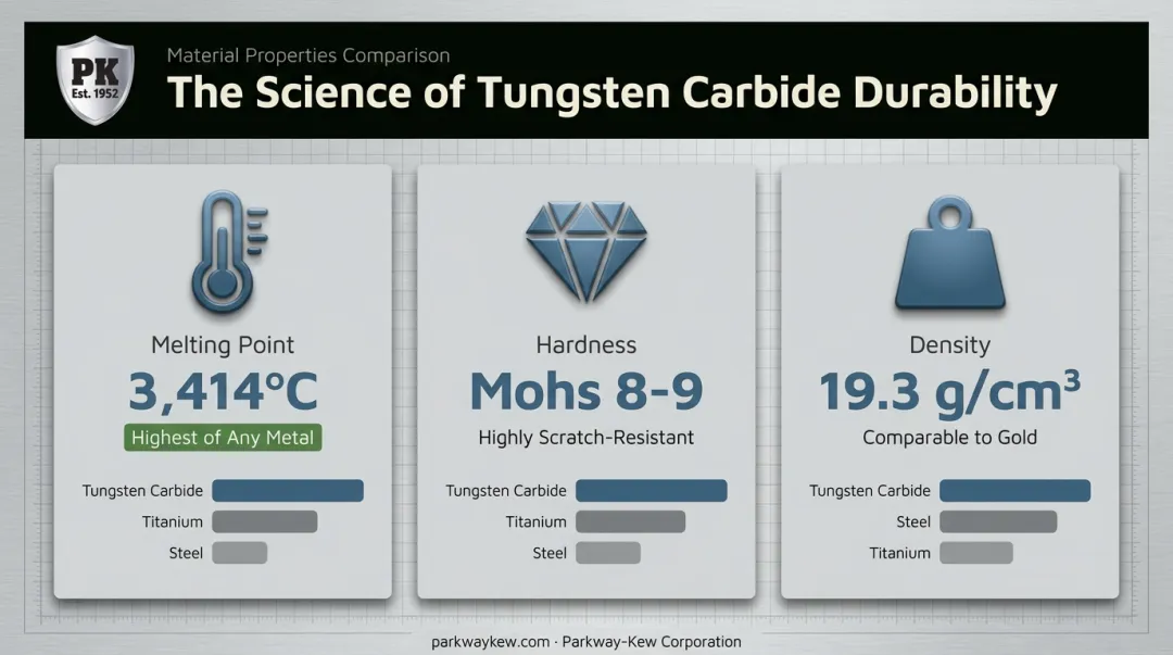 Tungsten carbide melting point hardness and density three durability properties compared