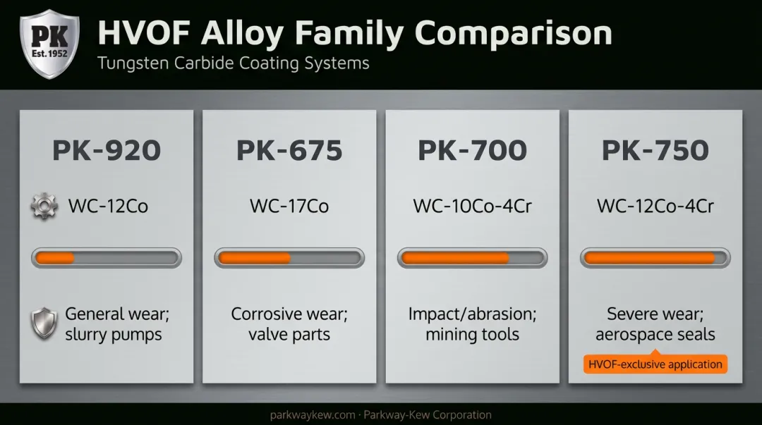 Comparison chart of PK-920 PK-675 PK-700 and PK-750 HVOF alloy coatings