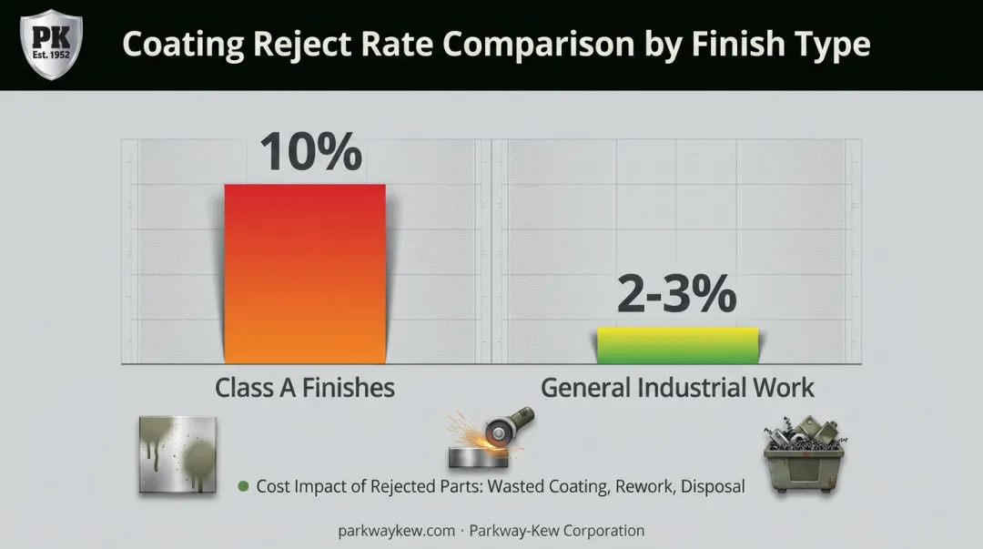 Coating reject rate comparison between Class A finishes and industrial work