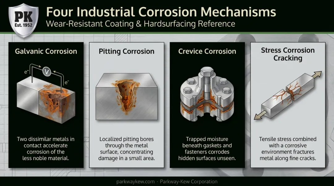 Four common corrosion mechanisms galvanic pitting crevice and stress cracking