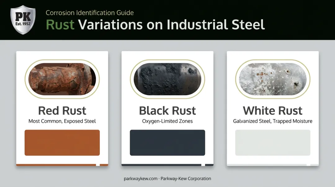 Red black and white rust types comparison on ferrous and galvanized steel