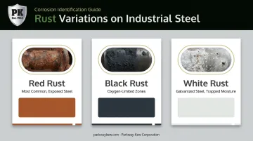 Red black and white rust types comparison on ferrous and galvanized steel