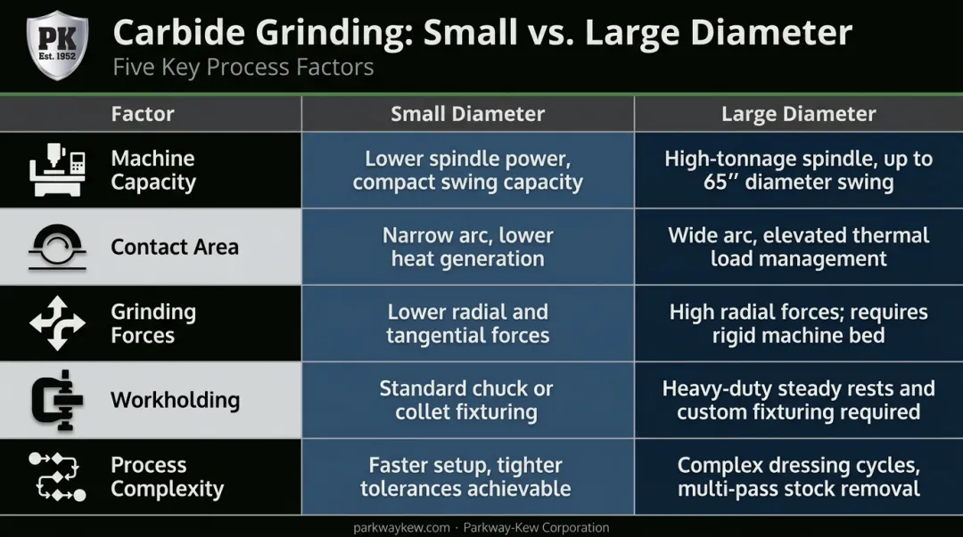 Small diameter versus large diameter carbide grinding comparison table infographic
