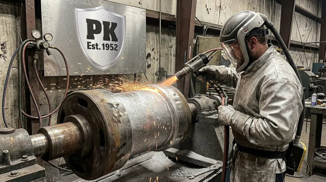 Worker applying thermal spray coating restoration on industrial steel component