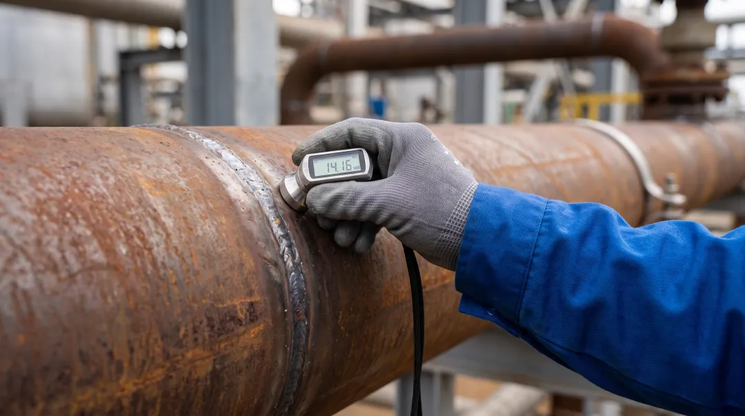 Technician performing ultrasonic thickness gauging inspection on steel pipe