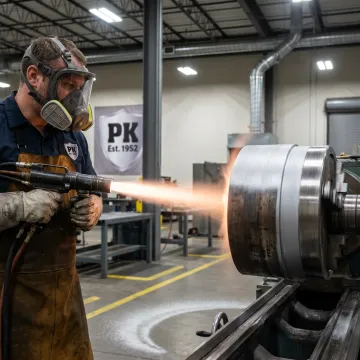 Technician applying thermal spray coating to industrial component