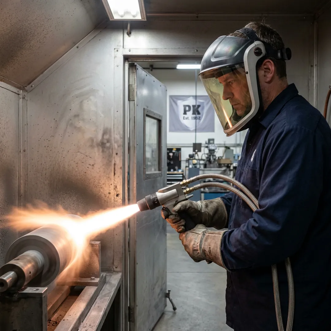 Technician applying HVOF coating to industrial metal part