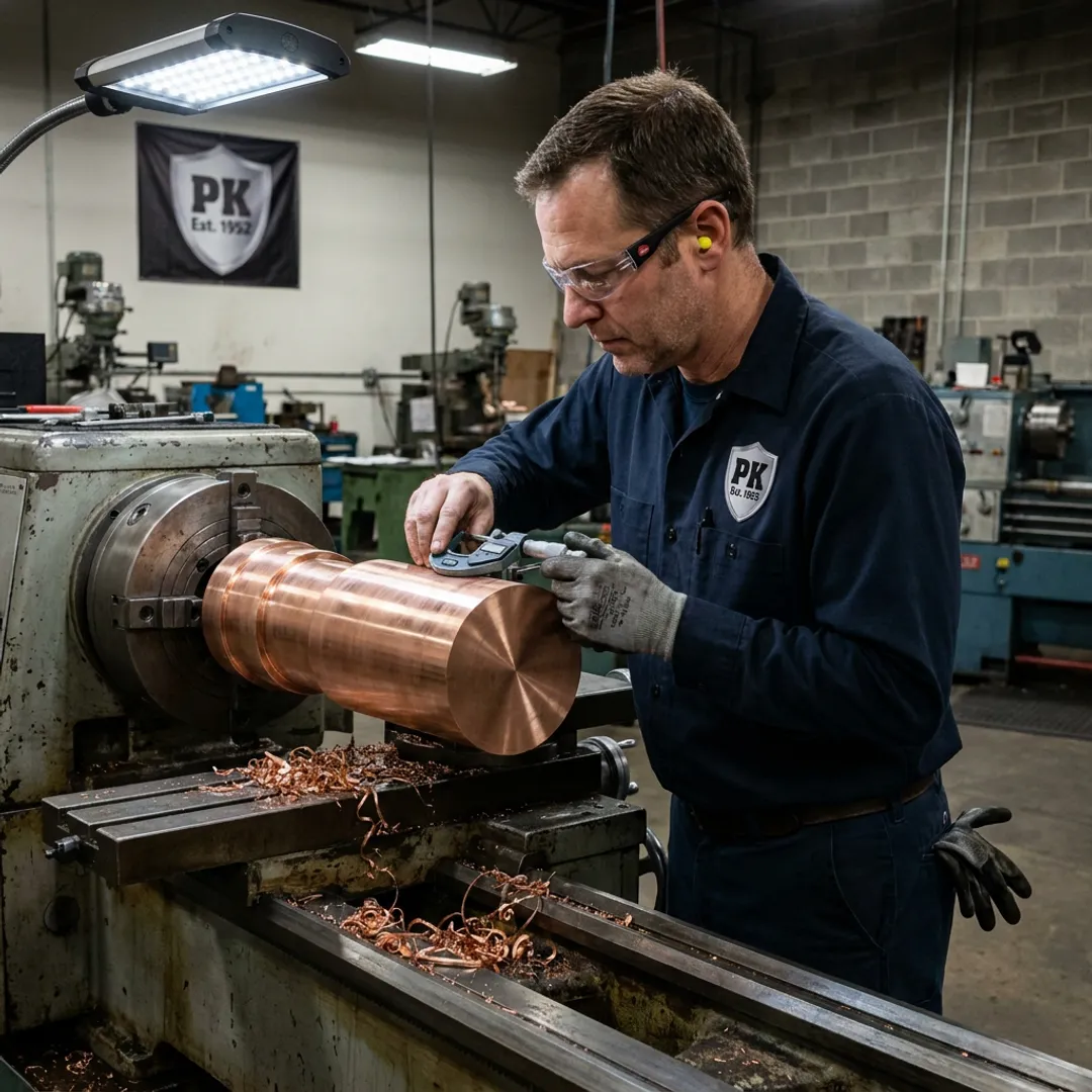 CNC machinist inspecting a precision copper component