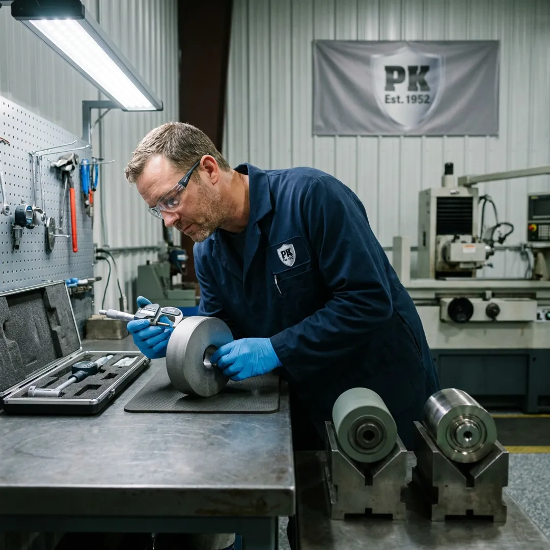 Technician inspecting coated industrial machine parts