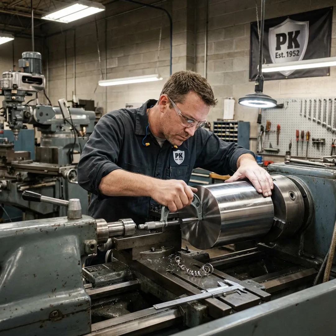Machinist inspecting a large industrial metal component