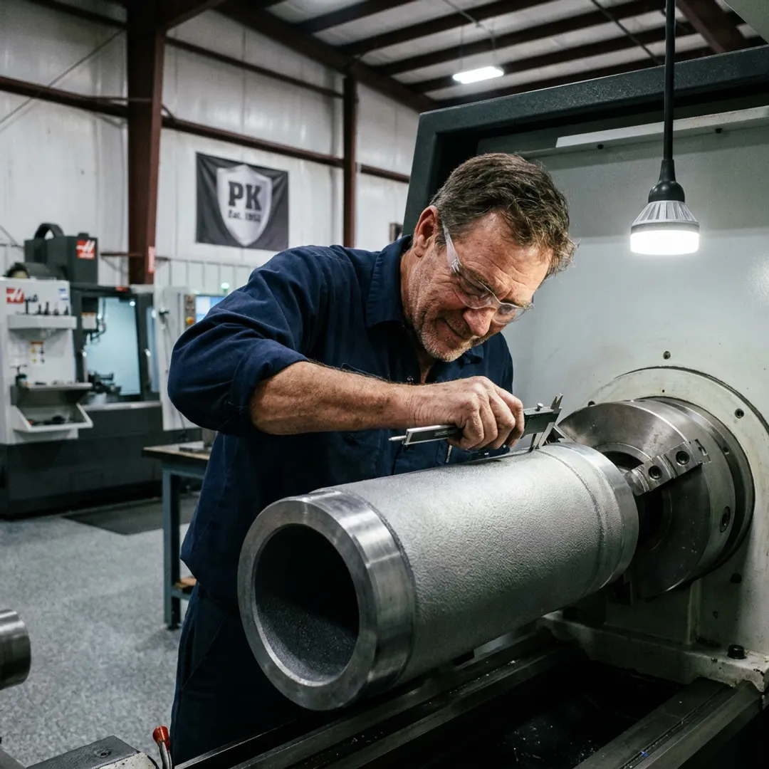 Machinist inspecting a large industrial component