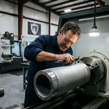 Machinist inspecting a large industrial component