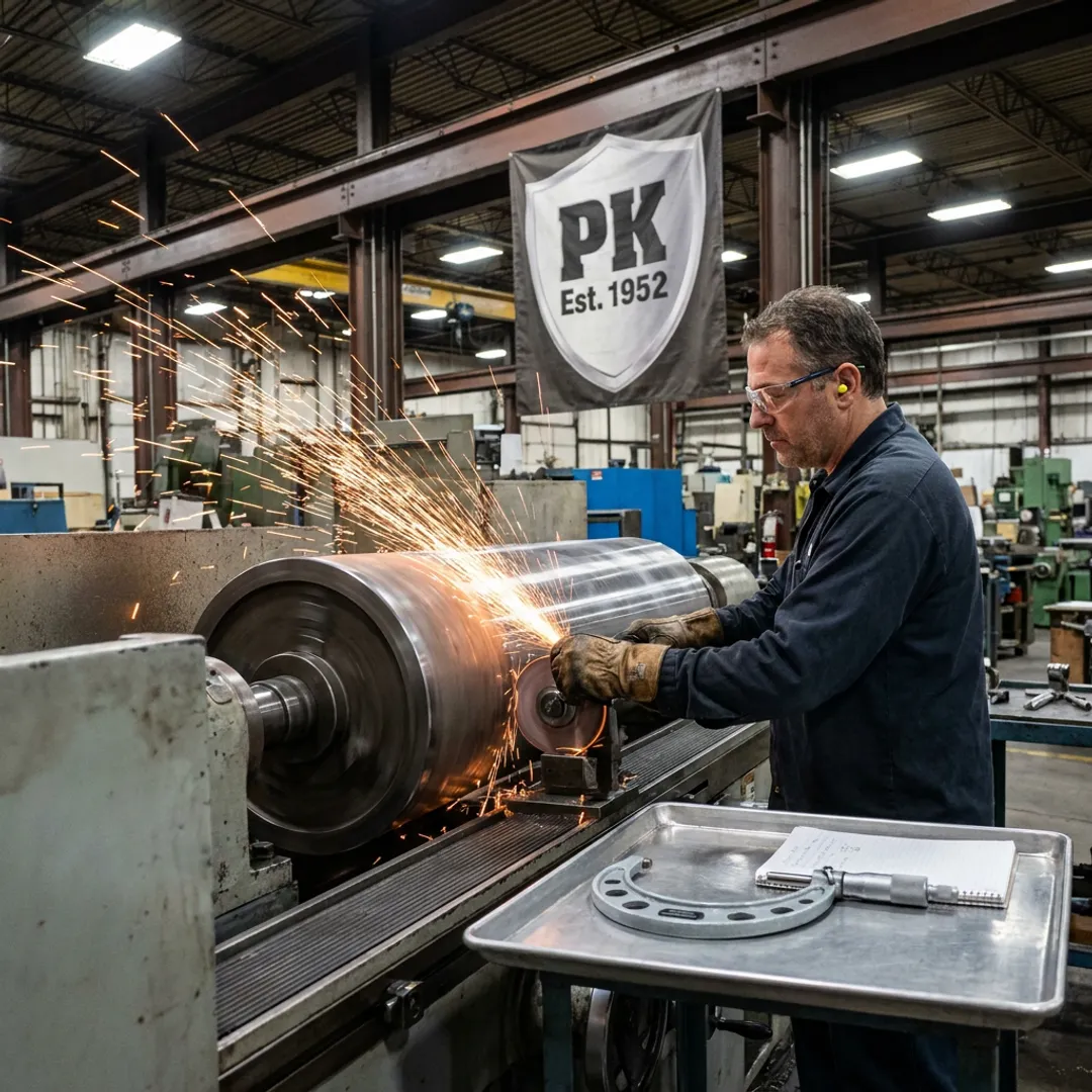 Industrial technician grinding a large precision metal component