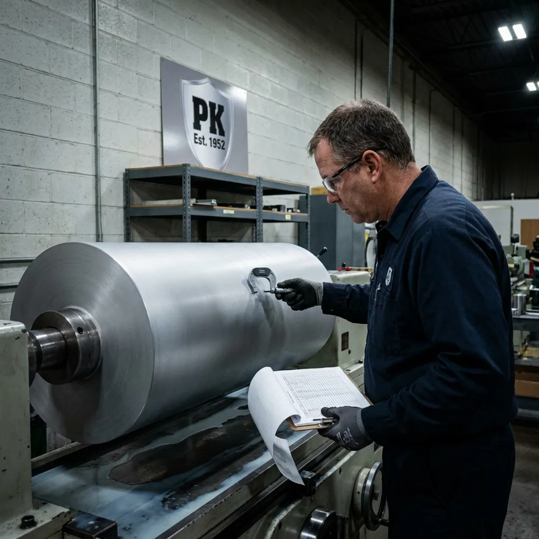 Technician measuring a ground cylindrical metal part