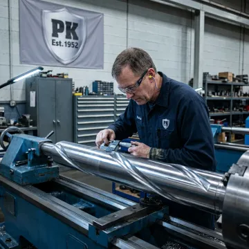 CNC machinist measuring a precision industrial component