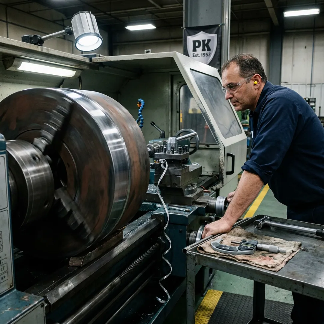 CNC lathe machining a large industrial metal component