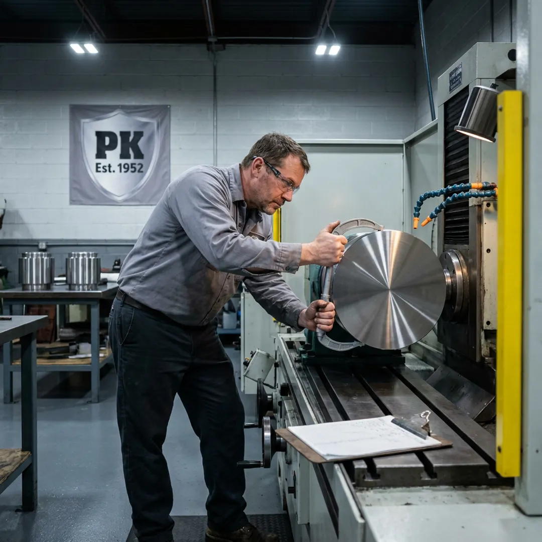 Machinist inspecting a large cylindrical part after grinding