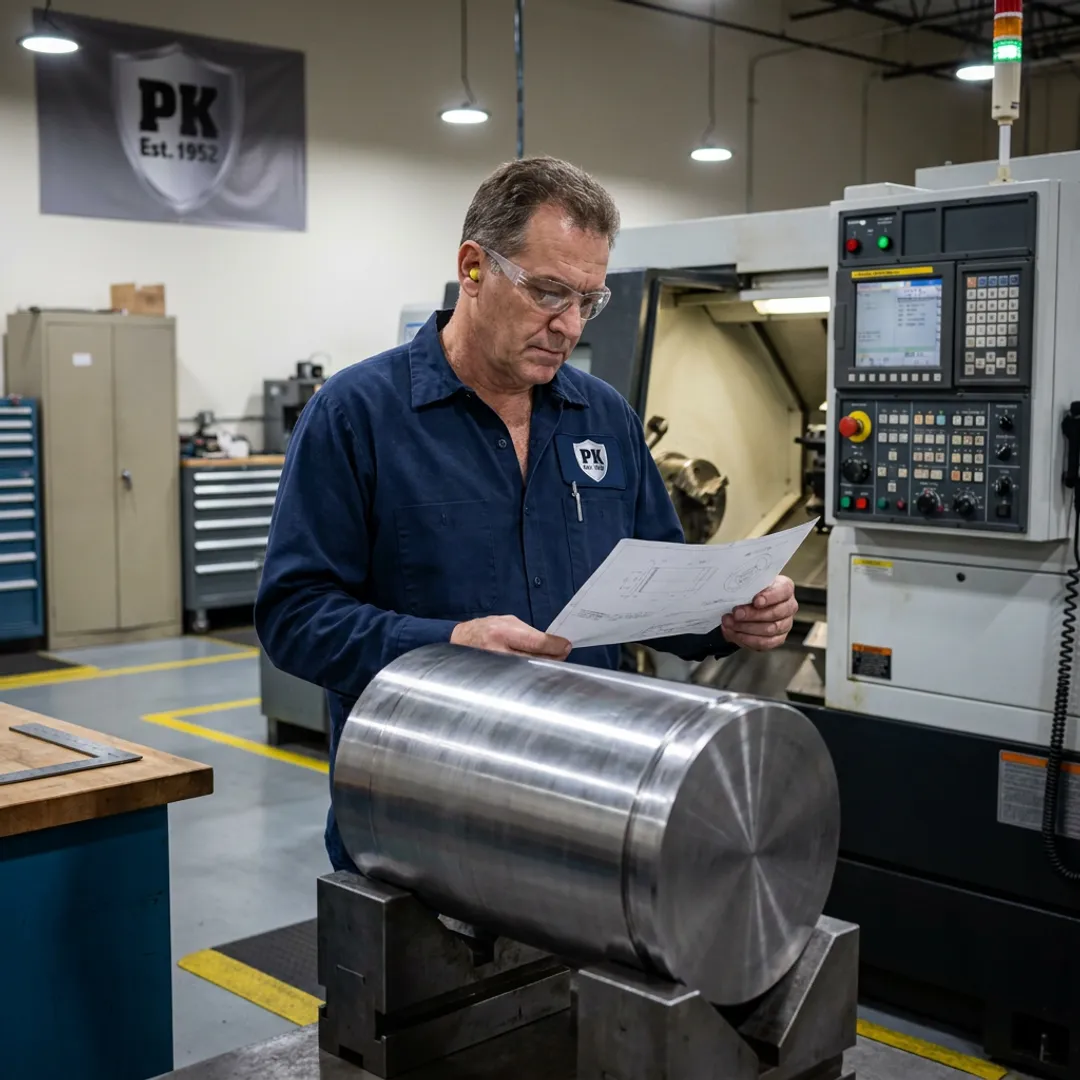 Machinist reviewing CNC turning plans beside a lathe