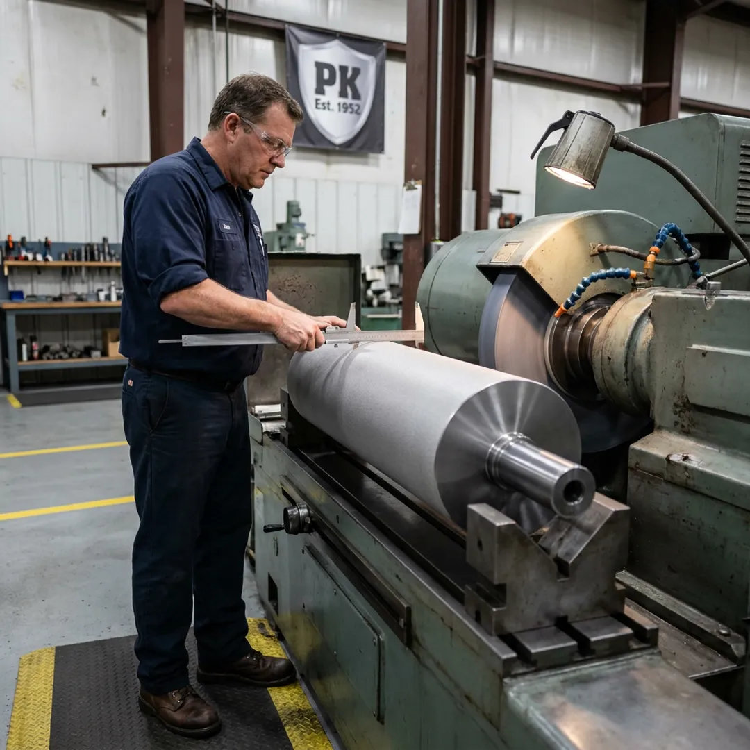 Machinist measuring a coated industrial roll