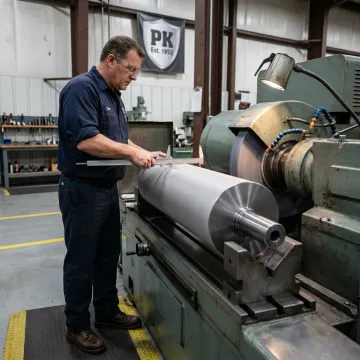 Machinist measuring a coated industrial roll