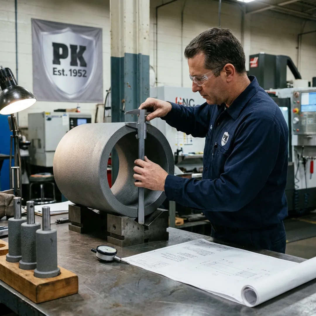 Machinist inspecting a precision agricultural equipment component