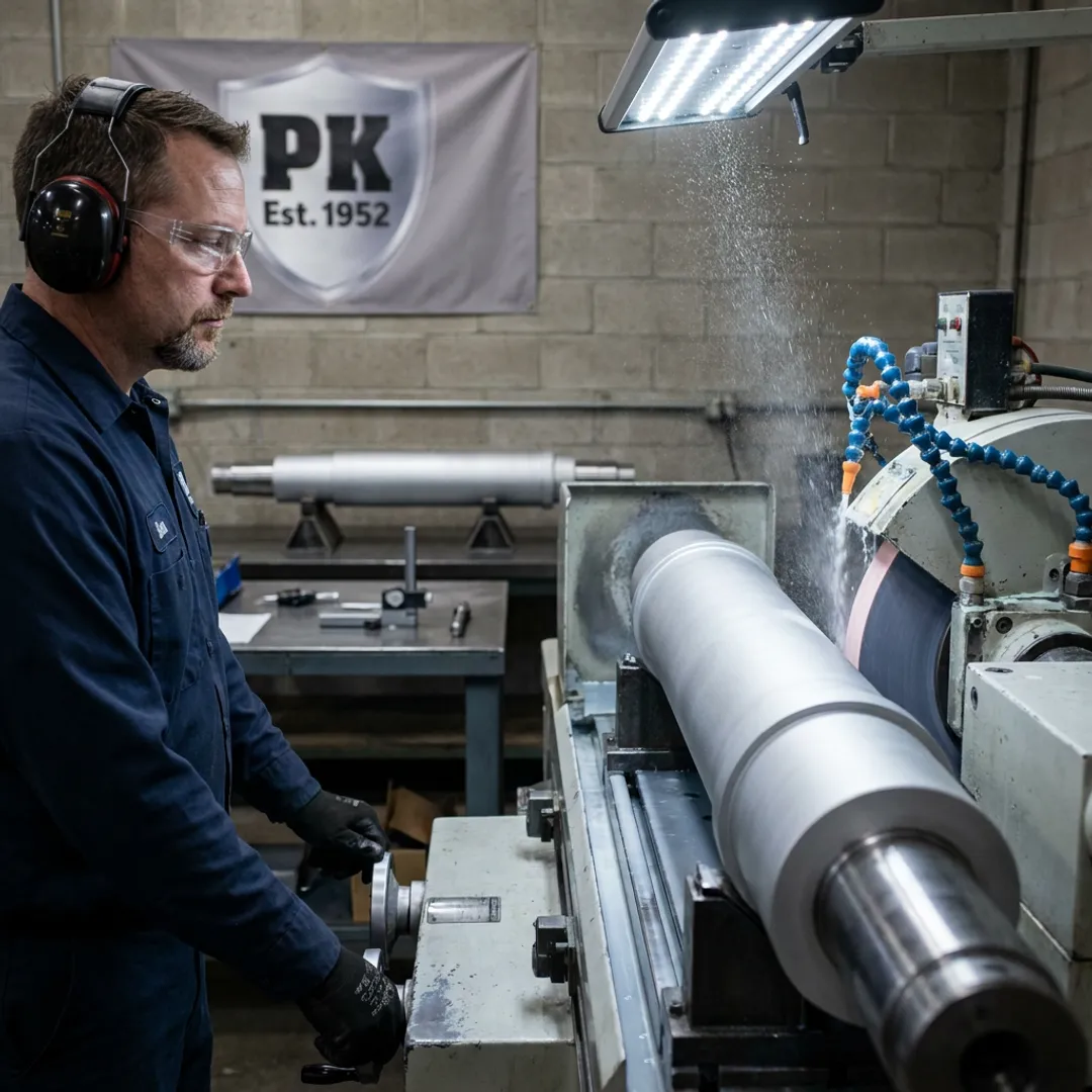 Technician grinding a large industrial metal component