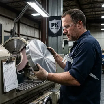 Machinist inspecting a ground metal disc