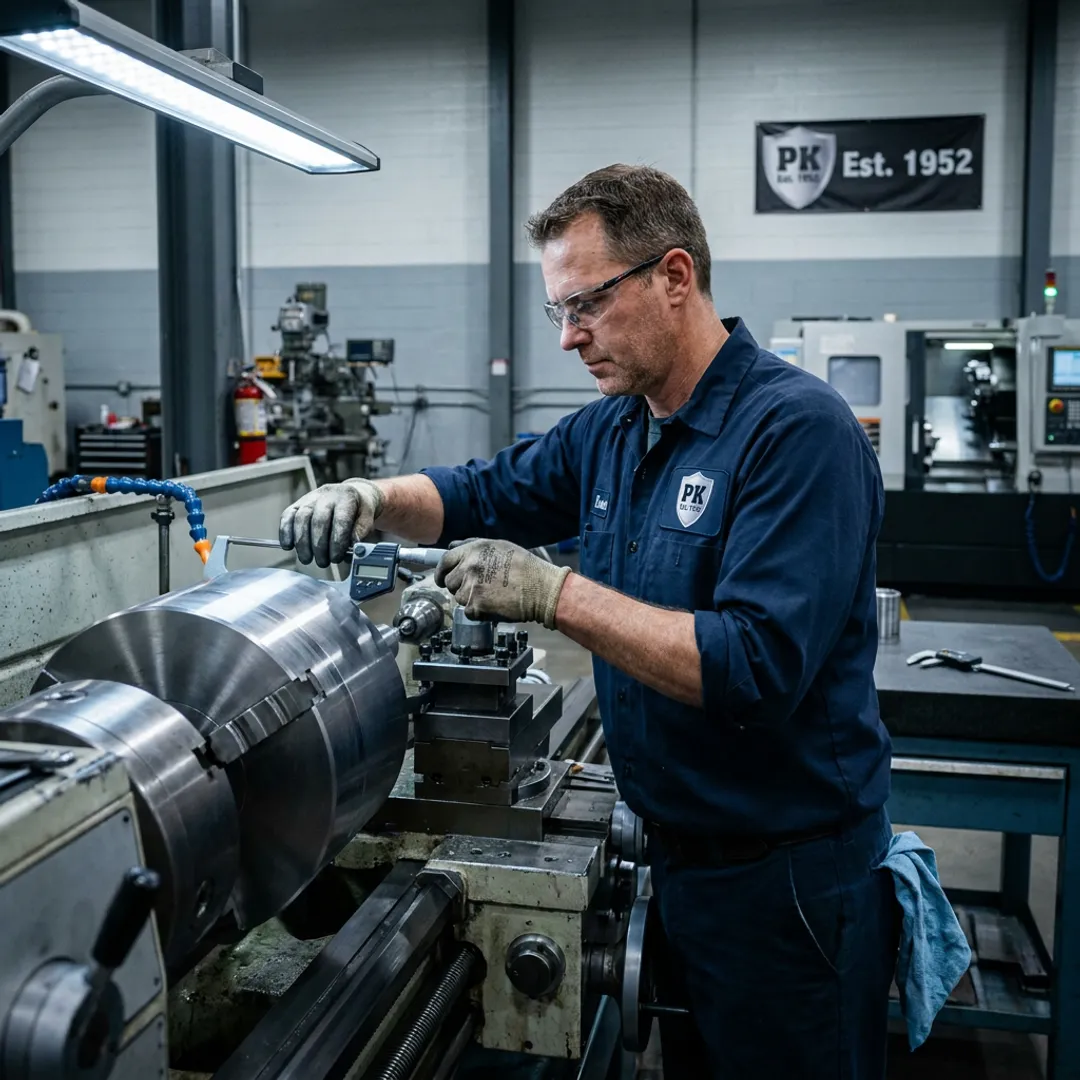 Precision machined metal component being inspected