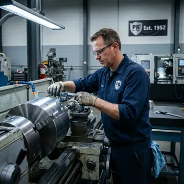 Precision machined metal component being inspected