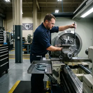 Technician inspecting a machined industrial component