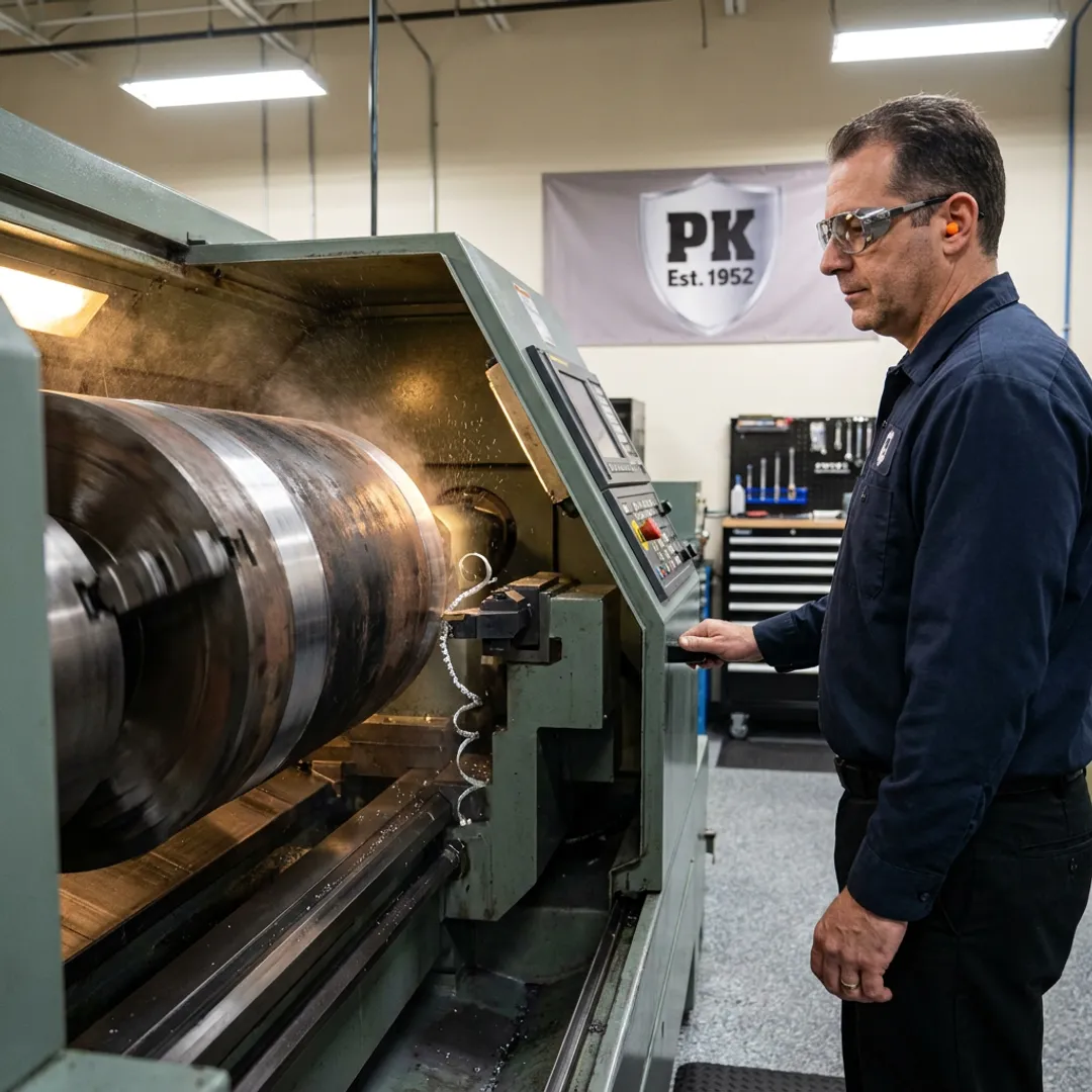 Technician machining an industrial oil and gas component