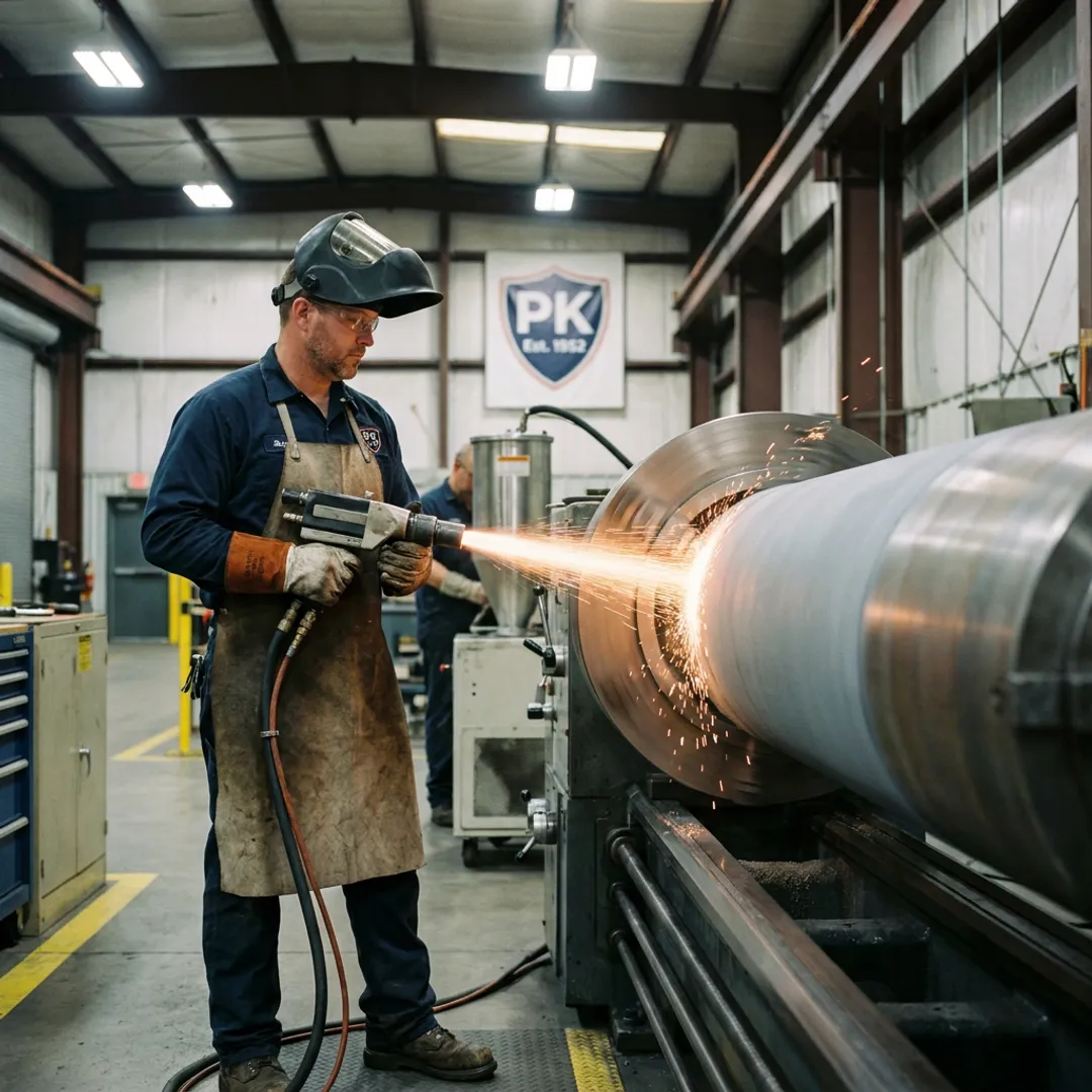 Thermal spray coating being applied to an industrial metal part