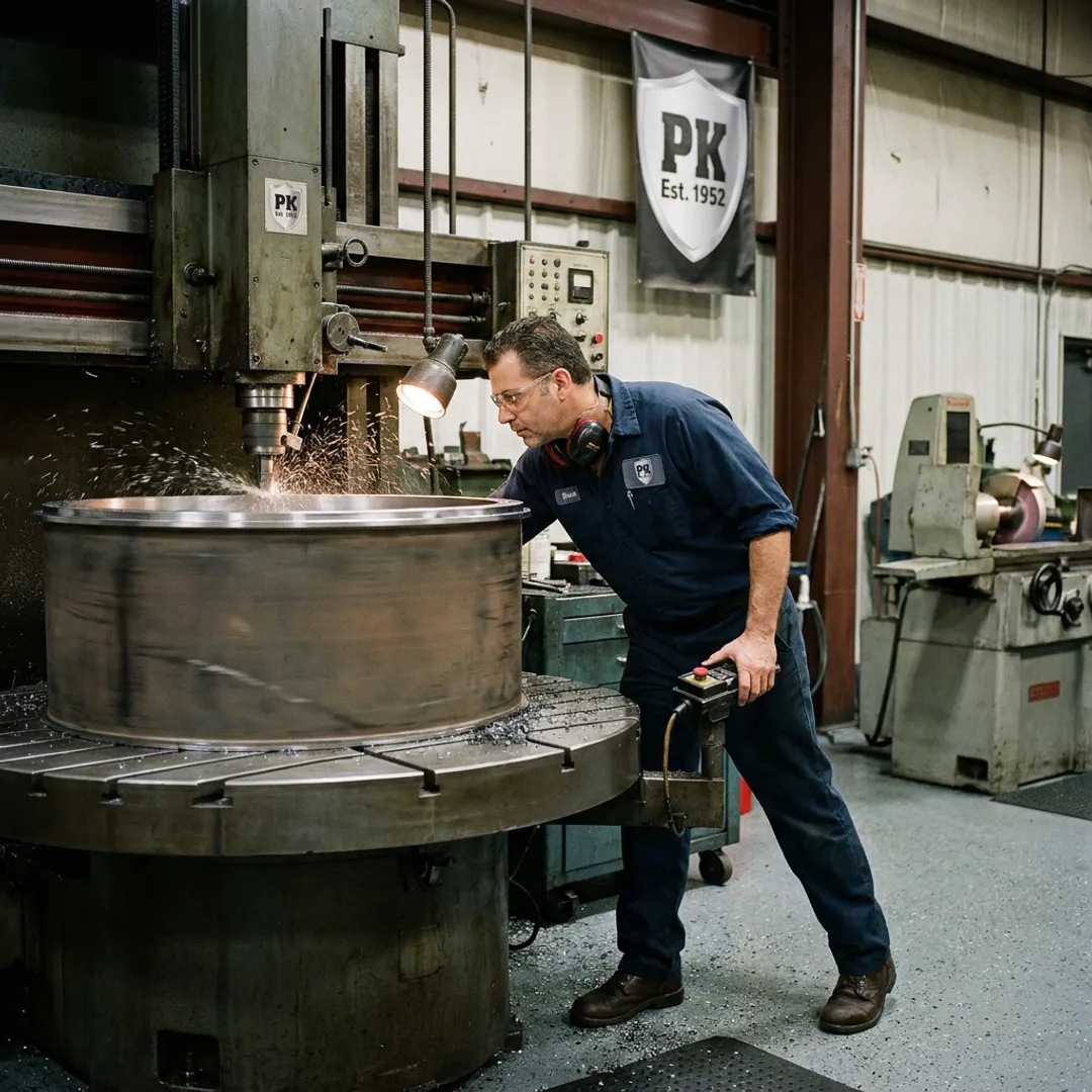 Large industrial part being machined on a lathe