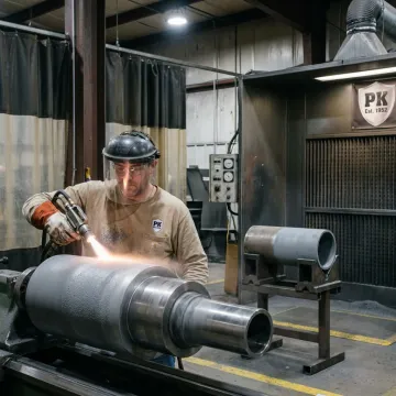 Technician applying industrial coating to metal component