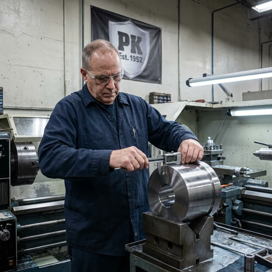 Machinist inspecting a turned metal part